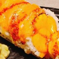Lobster roll · baked roll with deep fried lobster, asparagus, avocado, crab, cucumber, spicy mayo, unagi sa...
