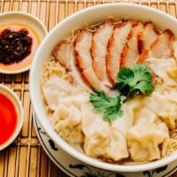 叉烧云吞面 Barbecued Pork & Wun-Tun Noodle Soup · Hong kong style wheat noodle made with egg and B.B.Q pork,Wun-Tun in Freshly broth.


Contai...