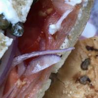 Smoked Salmon Bagel · Smoked Atlantic Salmon, capers, cream cheese, red onion, cucumber. (Note: Choice of bagel: P...