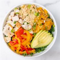 GB's Chinese Chicken Salad · Chopped kale, antibiotic-free roasted chicken, mandarin oranges, avocado, sliced peppers, ro...