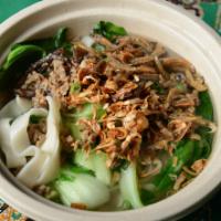 6. Ban Mee · Home made flour noodle in clear broth served with anchovies, minced pork and vegetable.