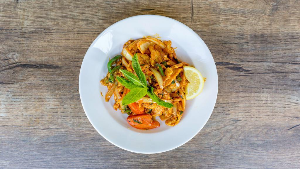 Chicken Kebat · Gluten free available. Chicken, okra, carrot, oppo, string beans, tomato, onion cooked with mint, paprika and lemon.