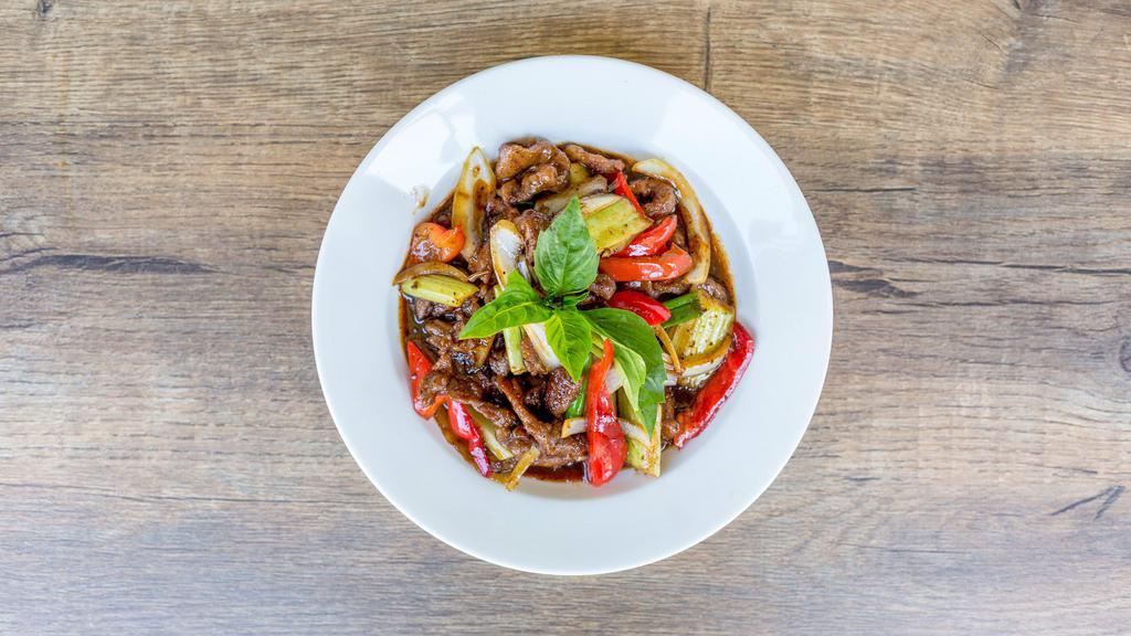 Black Pepper Beef or Lamb · Slices of beef or lamb, wok tossed with onion, celery, red bell pepper, green onion and black pepper sauce.