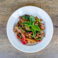 Fiery Vegetables with Beef or Lamb · Gluten free available. Slices of beef or lamb, string beans, bell peppers, broccoli, and bas...