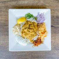 Nan Gyi Thoke · Gluten free available. Rick noodle with coconut chicken curry sauce, yellow bean powder, cil...
