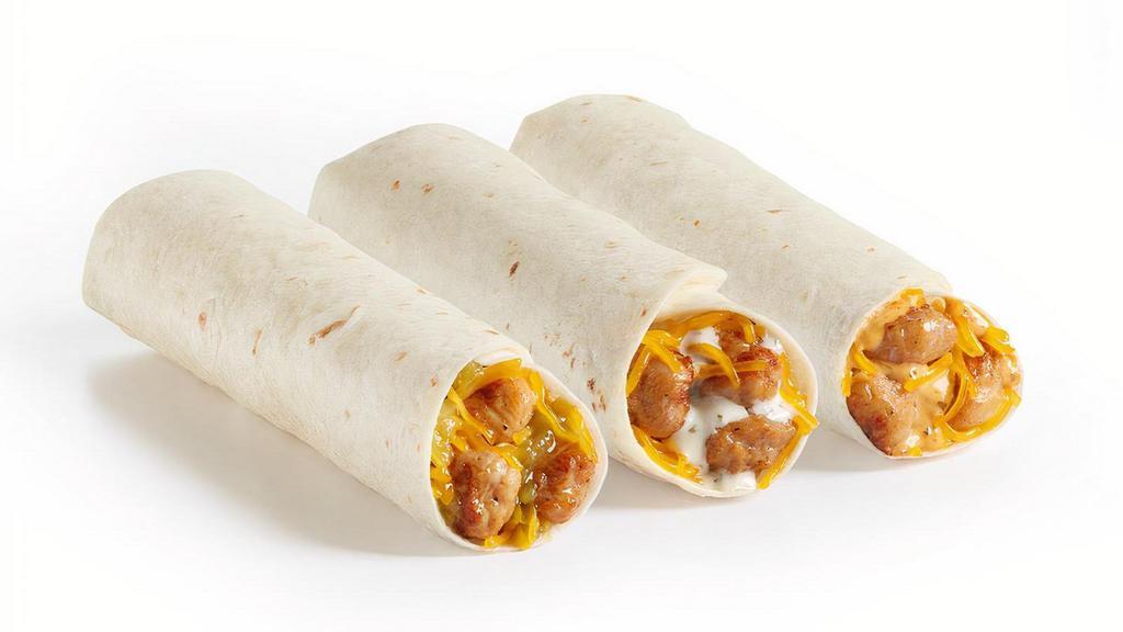 Chicken Cheddar Rollers · Freshly grilled, marinated chicken, Cheddar cheese, with choice of tangy green sauce, creamy ranch sauce, or chipotle sauce, rolled in a warm flour tortilla.