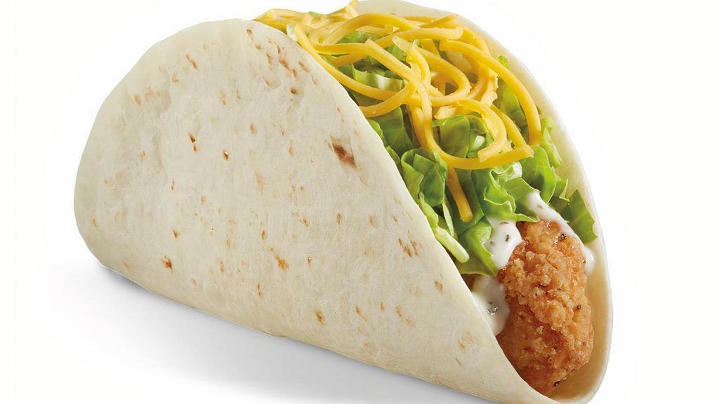 Crispy Chicken Taco · Crispy chicken strip, crisp shredded lettuce, freshly grated cheddar cheese, and your choice of creamy ranch, creamy habanero, or chipotle, in a warm flour tortilla.