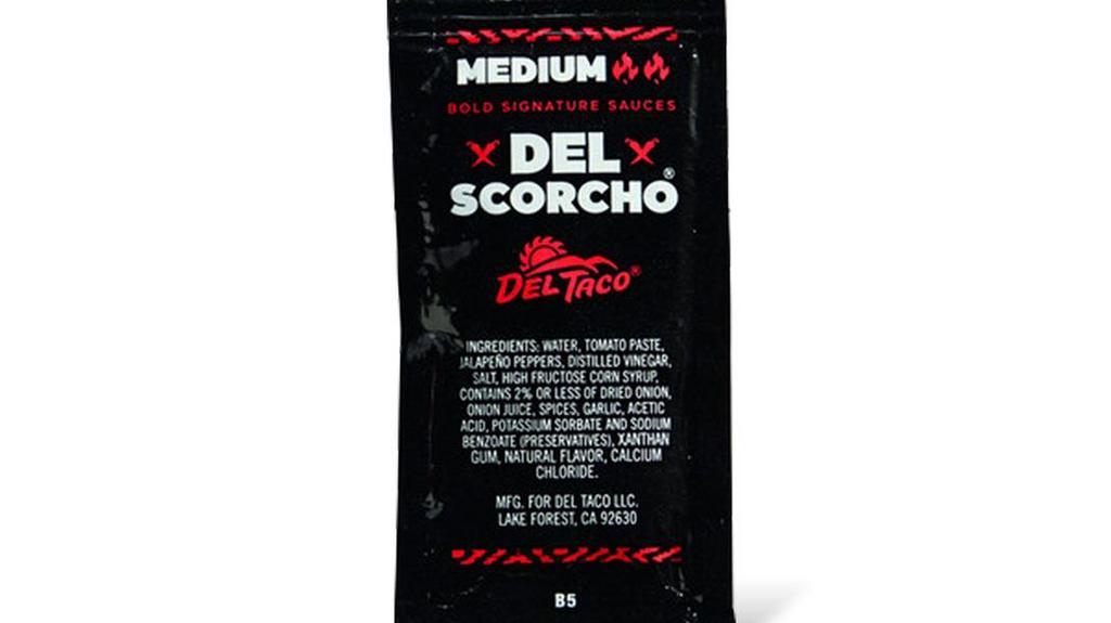 Del Scorcho - Medium · Choose your desired number of hot sauce packets for your entire order. Limit up to 3 hot sauce packets per item.. Del Taco's medium heat hot sauce - Del Scorcho.