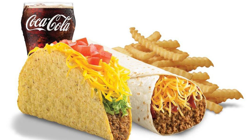 Del Beef Burrito™ & The Del Taco · Our delicious Del Beef Burrito™ & The Del Taco, plus our famous Crinkle Cut Fries and a refreshing beverage.