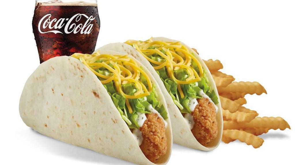 Crispy Chicken Taco Meal · Enjoy two of our Crispy Chicken Tacos plus Del Taco's famous Crinkle-Cut Fries and a refreshing beverage.