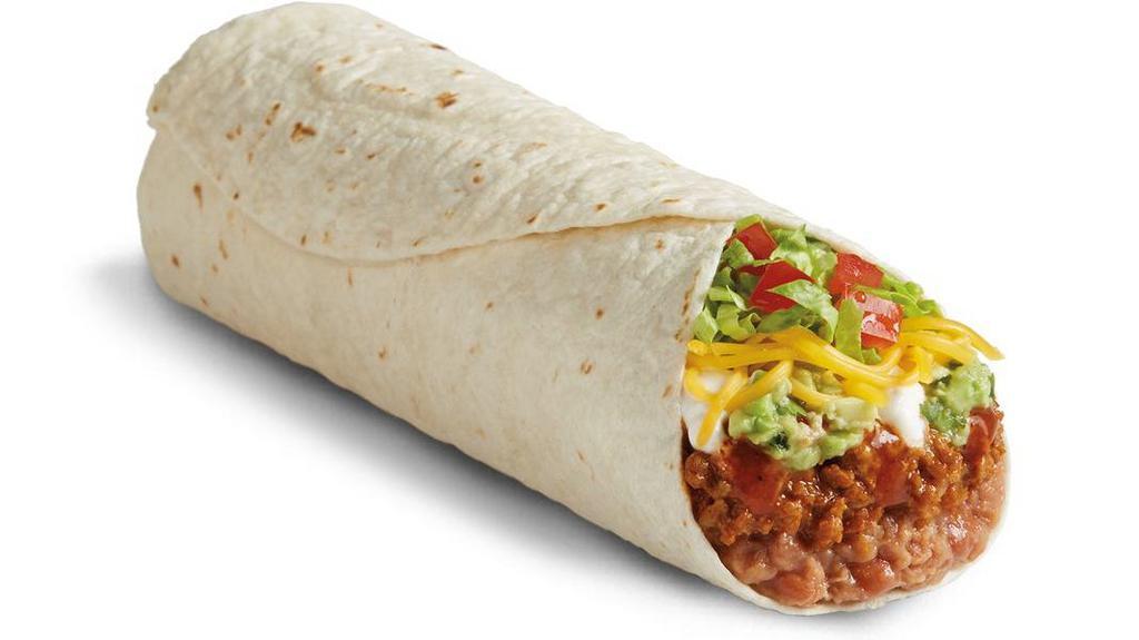 Beyond 8 Layer Burrito · (Vegetarian): Seasoned Beyond Meat® plant-based crumbles, slow-cooked beans made from scratch, fresh house-made guacamole, freshly grated cheddar cheese, crisp shredded lettuce, fresh diced tomatoes, zesty red sauce, and cool sour cream, wrapped in a warm flour tortilla.