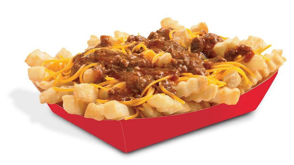Chili Cheddar Fries · Crinkle Cut Fries topped with beefy chili and freshly grated cheddar cheese.