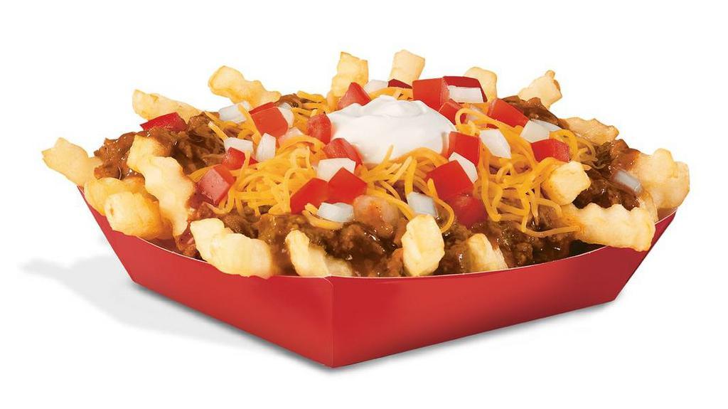 Deluxe Chili Cheddar Fries · A classic favorite! Crinkle Cut Fries topped with beefy chili, freshly grated cheddar cheese, cool sour cream, diced onions, and fresh diced tomatoes.