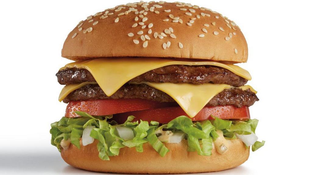 Double Del® Cheeseburger · Two 100% beef patties grilled to order, two slices of American cheese, two fresh tomato slices, burger sauce, crisp shredded lettuce, and diced onions on a grilled sesame seed bun.