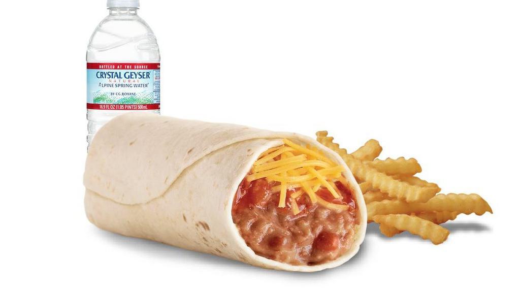 Bean & Cheese Burrito Kid Loco® Meal · Includes a Bean & Cheese Burrito, small Crinkle Cut Fry, bottled water, and a Sticker Sheet! Participation may vary.