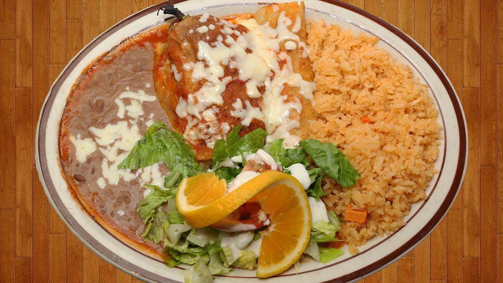 NEW COMBO #1 · 2 Enchiladas,  served with rice, beans and salad.