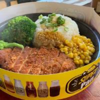 4. Curry Tonkatsu (Pork) with Rice  · Fried pork cutlet with rice, broccoli, and corn, served with curry sauce