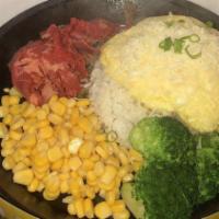 6. Cheesy Omelette Rice with Beef  · Cheesy omelette topped on rice, with cooked beef, broccoli, corn, served with choice of sauce