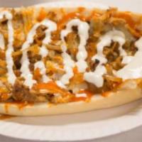 Buffalo Philly Chicken Sandwich · Thinly sliced chicken breast coated in buffalo sauce, smothered in melted white American che...