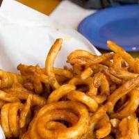 Seasoned Curly Fries · With Ketchup on the side.