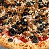 16'' Extra Large San Francisco Special · Pepperoni, sausage, Canadian bacon, black olives and feta cheese.
