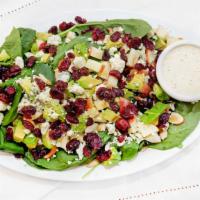 Warriors · Fresh spinach, blue cheese, dried cranberries, toasted almonds, apple slices and avocado.