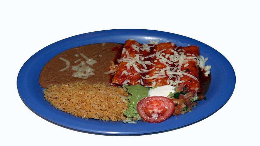 Three Enchilada Plate · With cheese. Include meat, rice, beans, salsa, guacamole, sour cream, lettuce, and tortillas.