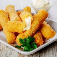 Mozzarella Sticks (6) · Six pieces of cheese breaded and fried till golden-brown, served with marinara sauce.
