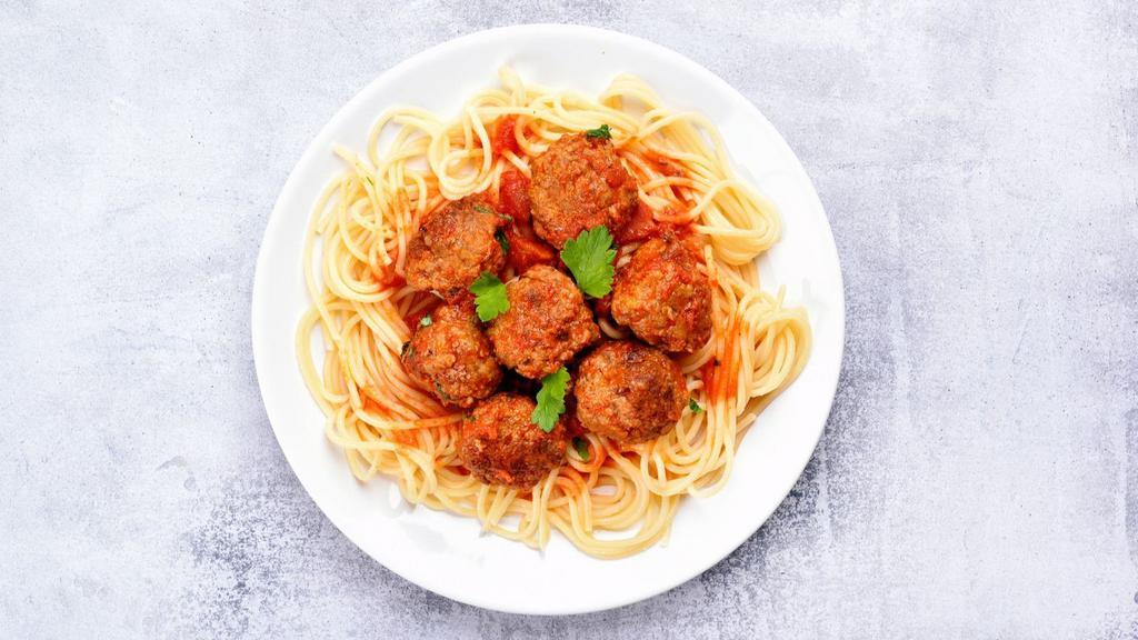 Spaghetti & Meatballs · Classic fresh spaghetti noodles with marinara sauce and beef meatballs. Served with customer's choice of salad and side.