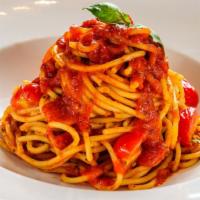 Spaghetti with Marinara Sauce · Savory house made marinara sauce prepared with mushrooms and bell peppers served over fresh ...