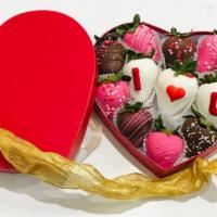 I LOVE YOU Strawberries + Red HEART Box · 12 Beautifully Crafted, fresh Chocolate dipped strawberries. with I Love U letters on strawb...