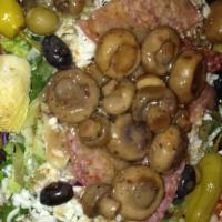 Antipasto · Lettuce, tomato, mozzarella cheese, salami, pepperoncinis, artichoke hearts, olives, and mar...