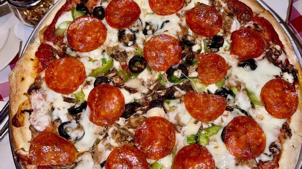 Eagle Special Pizza · Mushroom, Green Bell Pepper, Sausage, Green Onion, Pepperoni, and Black Olives
