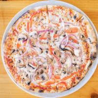 Garden Pizza · Shredded mozzarella, white pizza sauce, mushrooms, yellow bell pepper, red onion, artichokes...