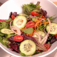 Large House Salad · Mixed Greens, tomatoes, carrots, cucumber, red onion. Served with a white balsamic vinaigret...
