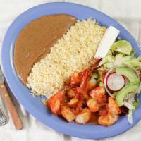Camarones Rancheros  · Shrimp in ranchero sauce, served with rice, beans, avocado, salad, corn tortillas and a side...