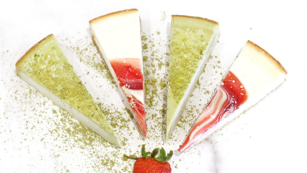 Mix & Match Cheesecake · 1 mini slice of each strawberry swirl cheesecake and green tea cheesecake.