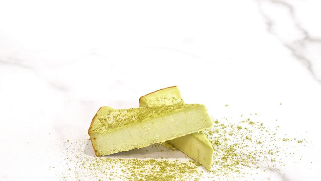 Green Tea Cheesecake · 2 mini slices of green tea cheesecake made with cream cheese and matcha powder.