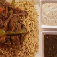 Shawarma Plate · Beef with rice, onion, tomato, bell pepper. Served with chatni, yogurt, bread.