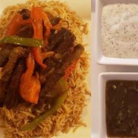Gyro Plate · Lamb with rice, onion, tomato, bell pepper. Served with chatni, yogurt, bread.
