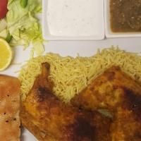 Chicken Kabob · Marinated chicken legs baked in the oven, served with rice, bread, salad, yogurt and
chatni.