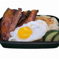 BBQ  LiempoSilog · Marinated Side Pork Belly  with Garlic topped Rice and Sunny-Side-Up Egg