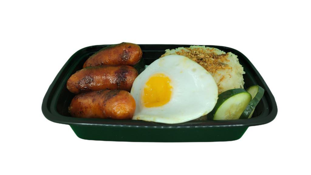 Long Silog · Sweet pork sausage with garlic topped rice and sunny-side-up egg.