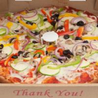 Veggie Pizza · Bell peppers, zucchini, black olives, mushrooms, red onion.
Dairy.  Cholov Ysroel NOT availa...