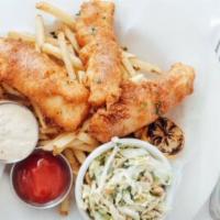 Fish & Chips · Beer battered Cod, peanut coleslaw, rémoulade sauce, French fries, .