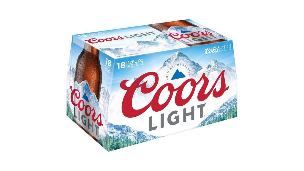 Coors Light Bottle (12 oz x 18 ct) · Coors Light is a natural light lager beer that delivers Rocky Mountain cold refreshment with 4.2% ABV. Light calorie beer at 102 calories and 5g of carbs per 12 fluid ounces.