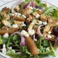 Pear ＆ Walnut Salad · Choose spring mix or baby spinach with roasted pears, gorgonzola, red onions, candied chipot...