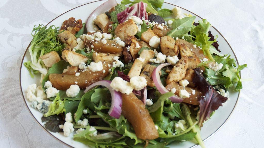 Pear ＆ Walnut Salad · Choose spring mix or baby spinach with roasted pears, gorgonzola, red onions, candied chipotle walnuts, and raspberry balsamic.