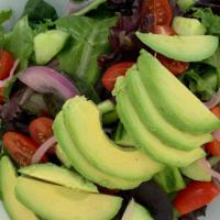 House Salad · Cherry tomatoes, red pickled onions, avocado, and cucumbers tossed with a balsamic raspberry...
