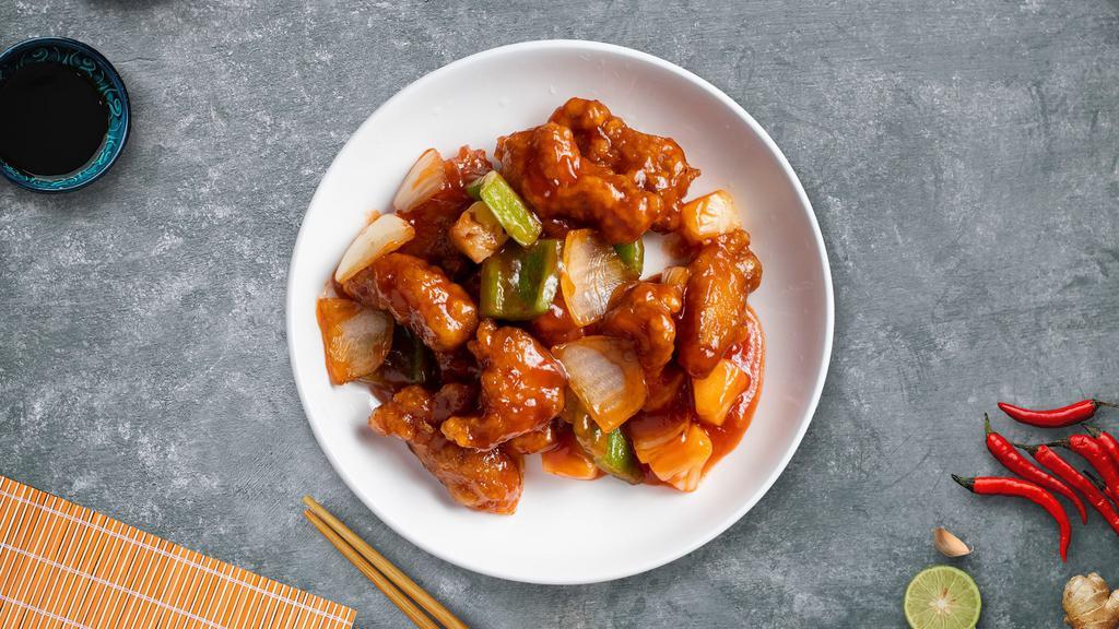 Sweet And Sour Power Chicken · Breaded chicken with pineapples, bell peppers, and onions topped with housemade sweet and sour sauce
